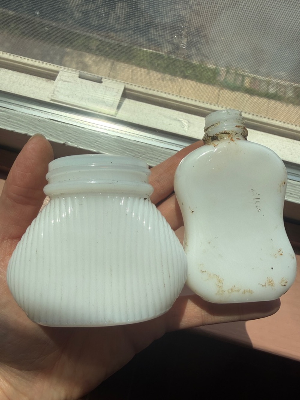 Milk glass vintage antique cosmetic cold cream jar bottles